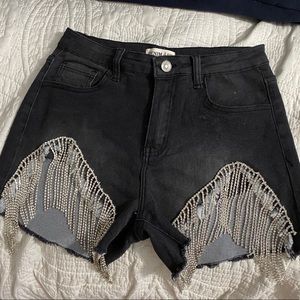 Black Rhinestone Fringe Shorts